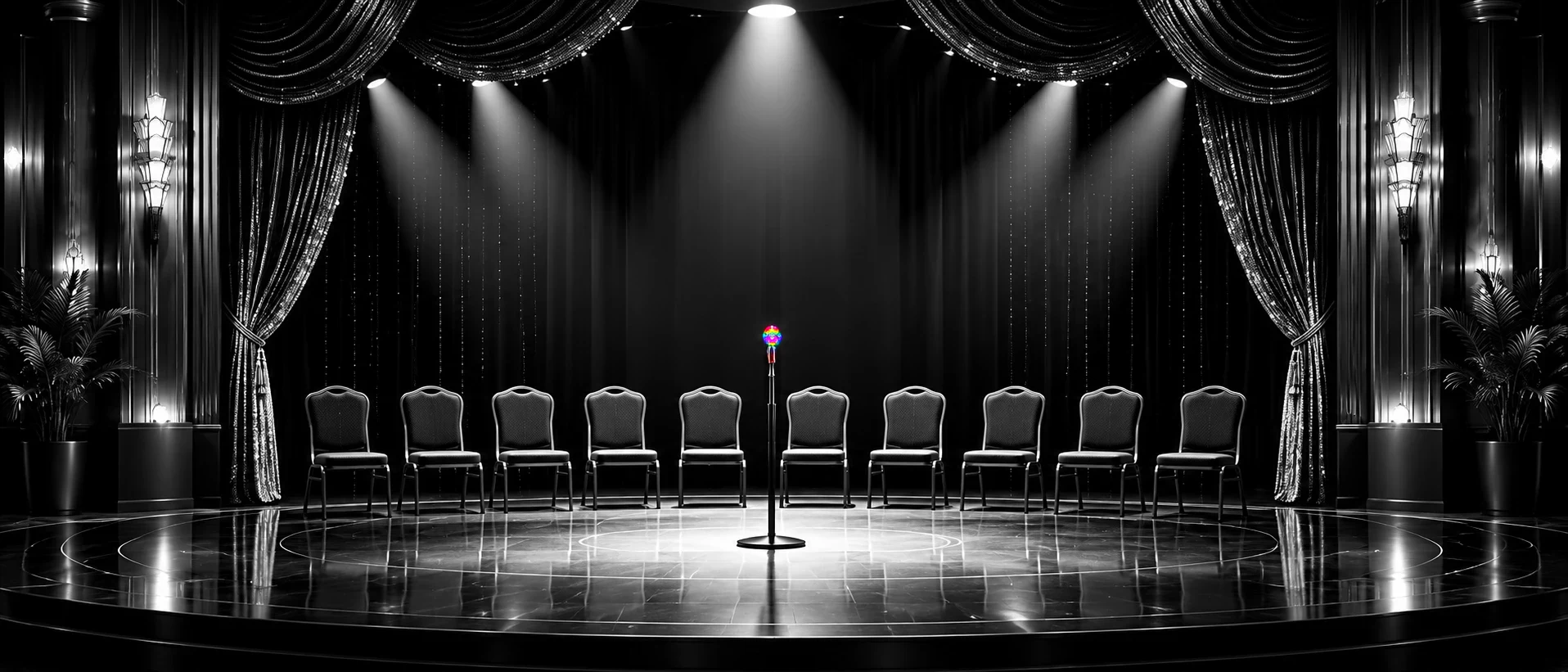 Jim Wand tribute: an empty stage with his hypnosis spinner on the mic stand